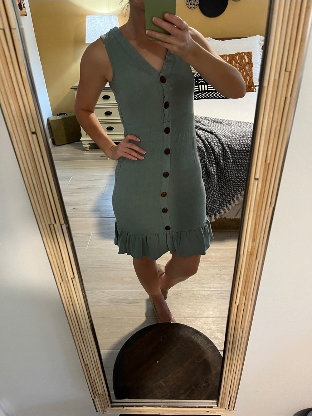 Monteau Sage Green Button-Front Ruffle Hem Dress
